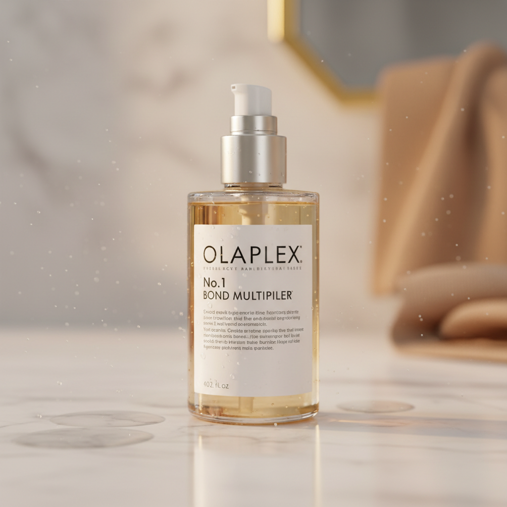 Olaplex No.1 Bond Multiplier bottle on a marble surface with warm studio lighting
