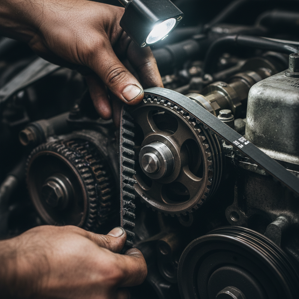 Close-up of mechanic hands removing a worn timing belt from a Honda engine, showing the belt teeth and camshaft sprocket
