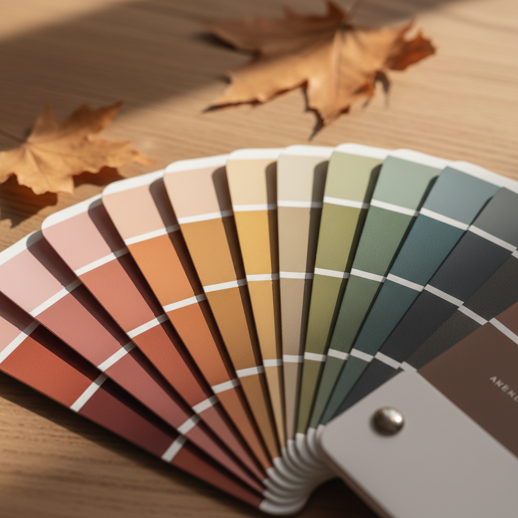 Color palette fan deck with soft muted autumn swatches in warm neutrals and earth tones