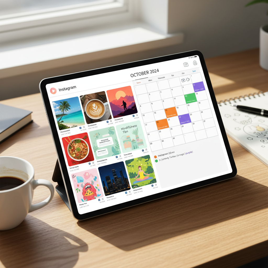 Social media content calendar interface with colorful post previews and scheduling timeline