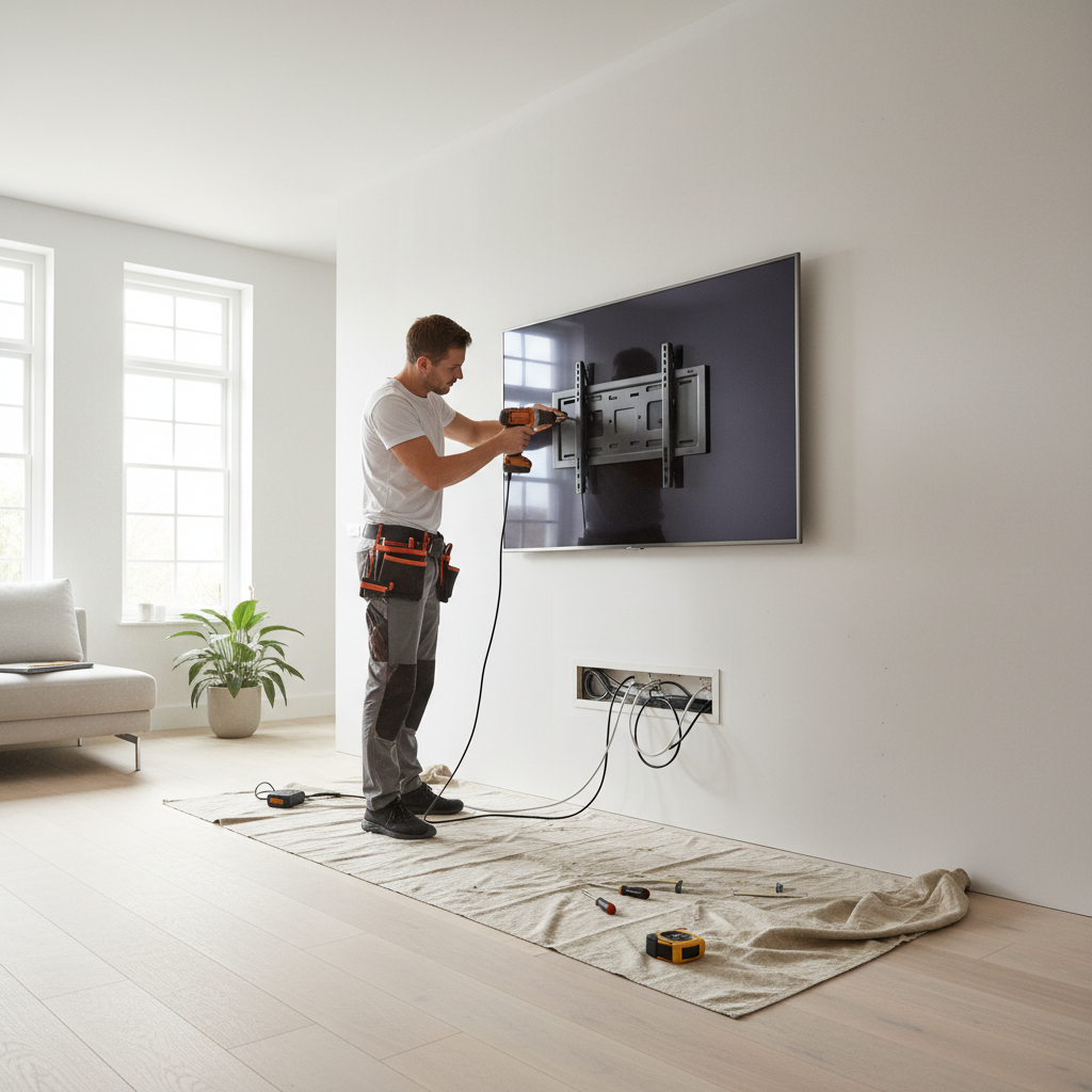 Sorted tradesman mounting a large flat-screen TV on a white-painted plasterboard wall in a Canary Wharf apartment, cable management trunking visible