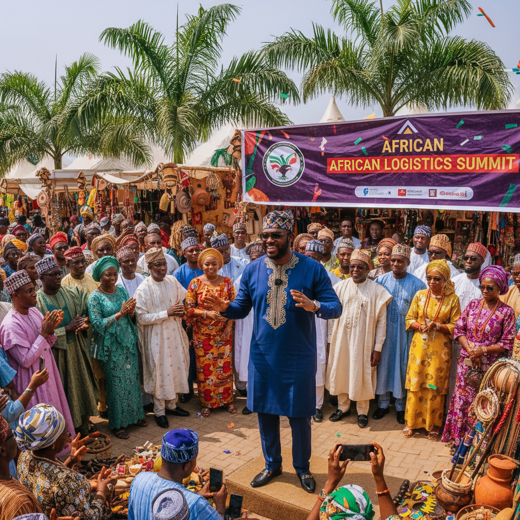 Victor presenting at Nigerian cultural festival with Voge Logistics banner, crowd gathered around booth