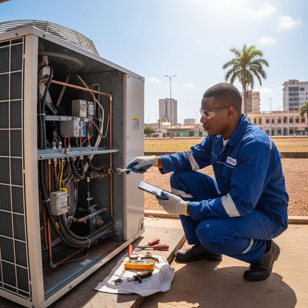 Pool technician inspecting pool pump equipment in a bright outdoor setting