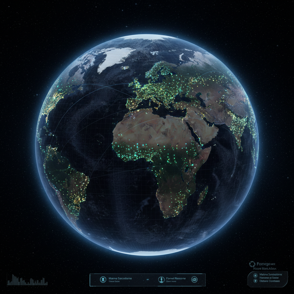 African continent map visualization at night, dark background, glowing connection lines, deep shadows, atmospheric