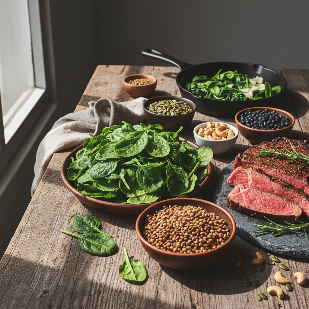 Iron-rich red meat and legumes food spread, warm orange tones, natural lighting on dark wooden surface