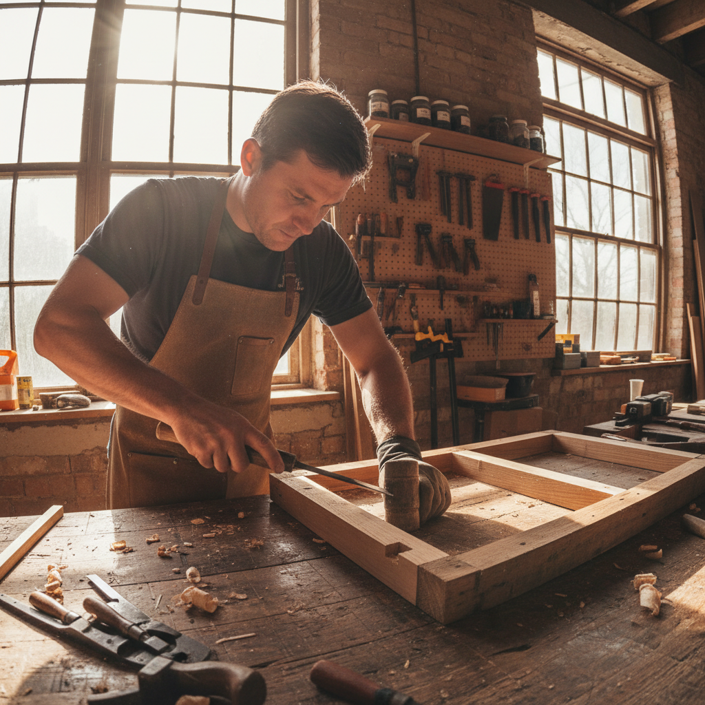 Skilled craftsman measuring and installing a precision aluminium window frame in a luxury residential building, focused workmanship, professional tools, bright workshop environment
