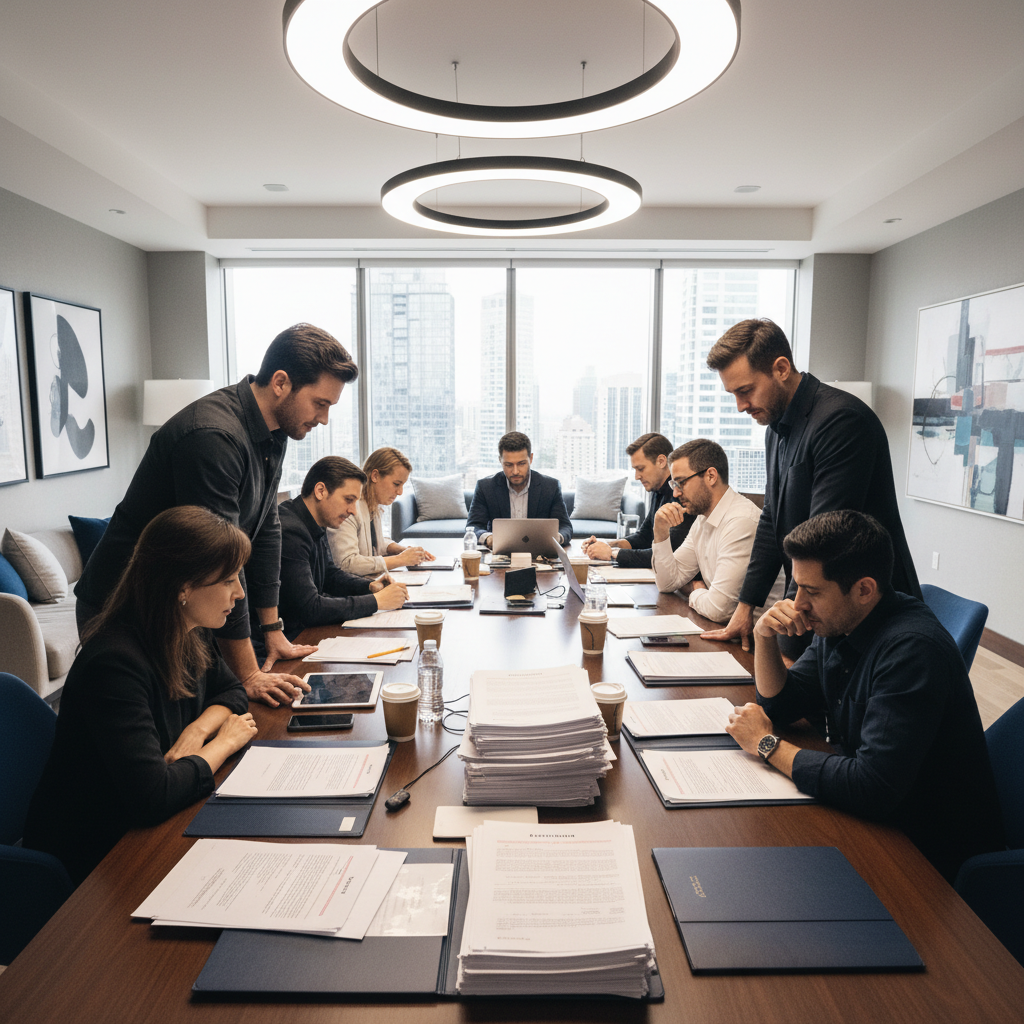 Professional business meeting in modern conference room, warm natural light, people reviewing documents at table