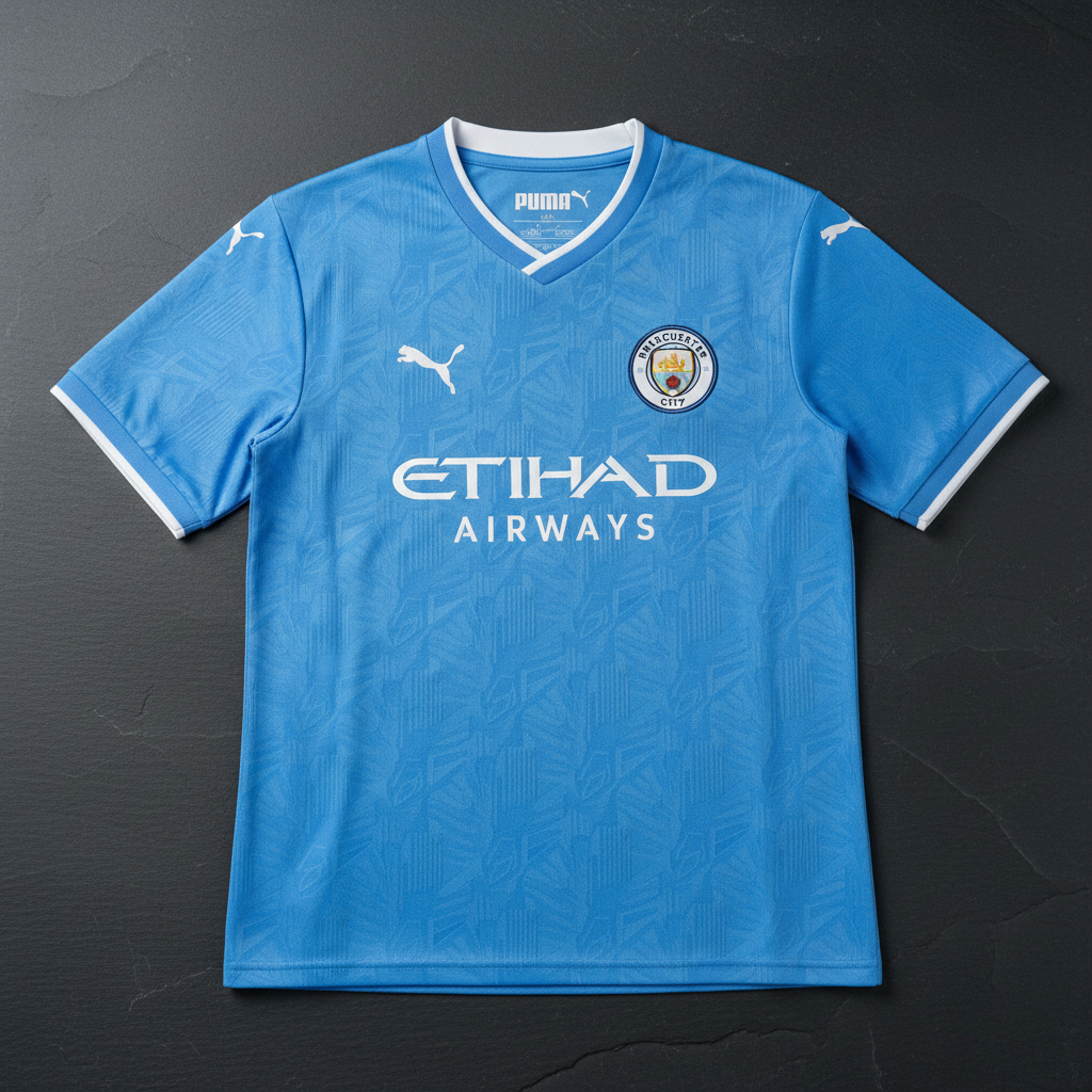 Sky blue Manchester City football jersey displayed against dark stadium background