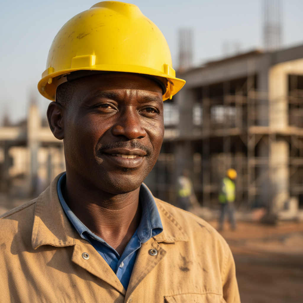 African man in workshop gear with confident expression, industrial background