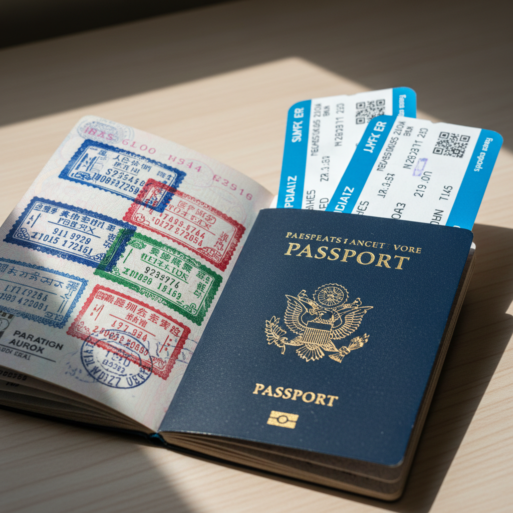 Passport with visa stamps and boarding passes tucked inside
