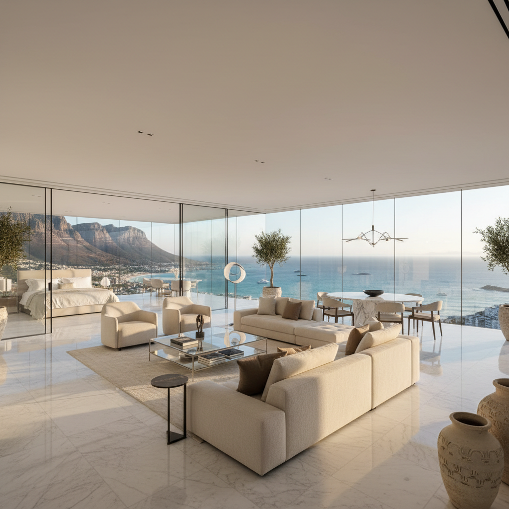 Luxury penthouse interior with panoramic views of Bogotá skyline