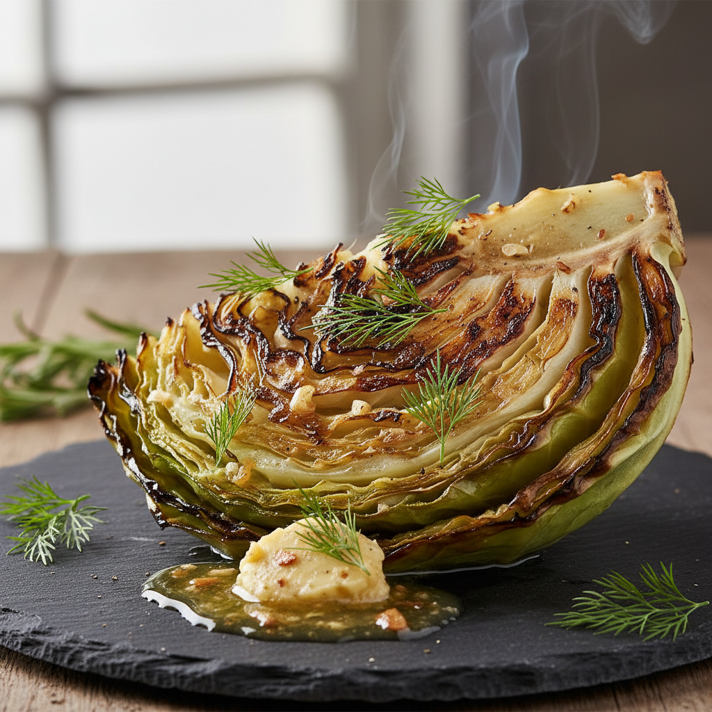 A charred cabbage wedge on a dark stone plate with golden miso butter pooling at the base and fresh dill scattered over the top