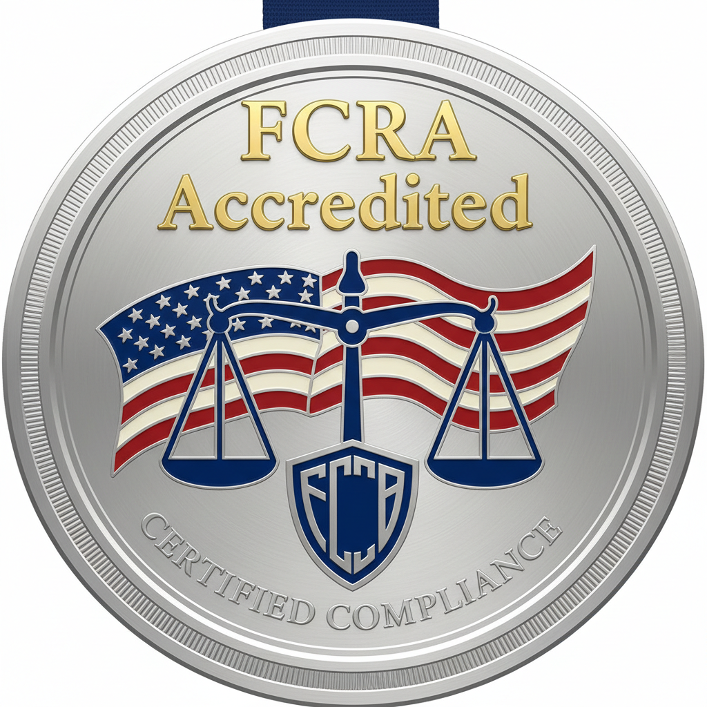 FCRA accreditation badge with American flag colors and justice scales