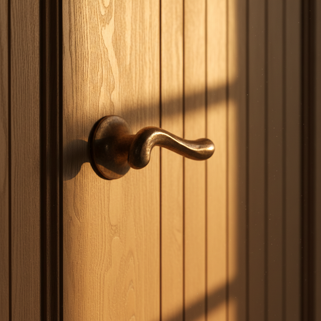 Bronze door handle against fluted oak paneling in warm evening light