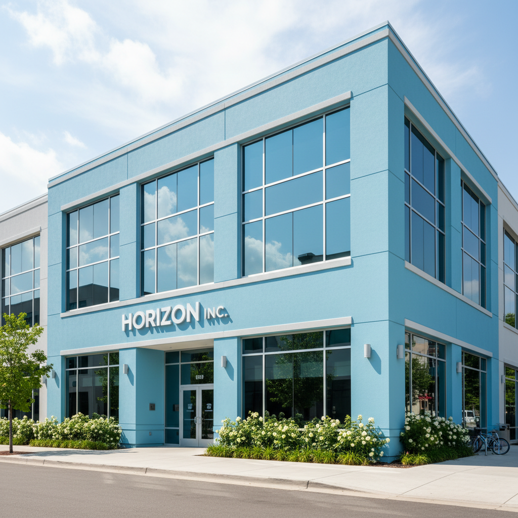Modern commercial office building exterior being pressure washed, showing clean glass windows and pristine concrete facade