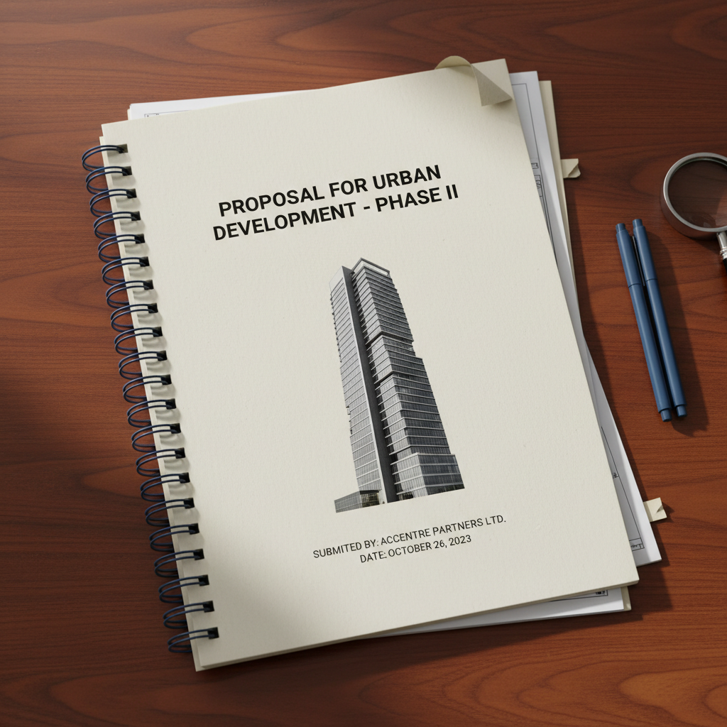Bound tender document on mahogany desk with specification drawings