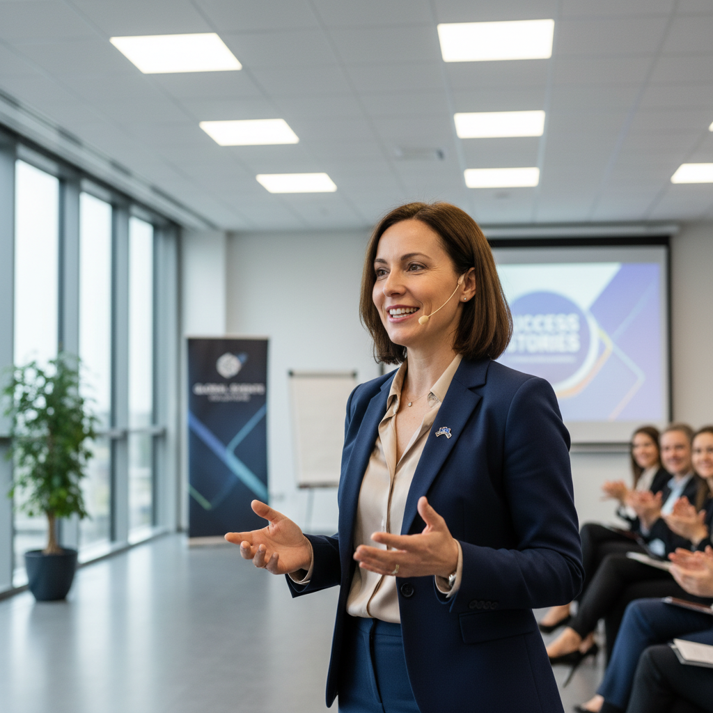 Calm speaker pausing thoughtfully before a small audience in a well-lit conference room, composed and authoritative