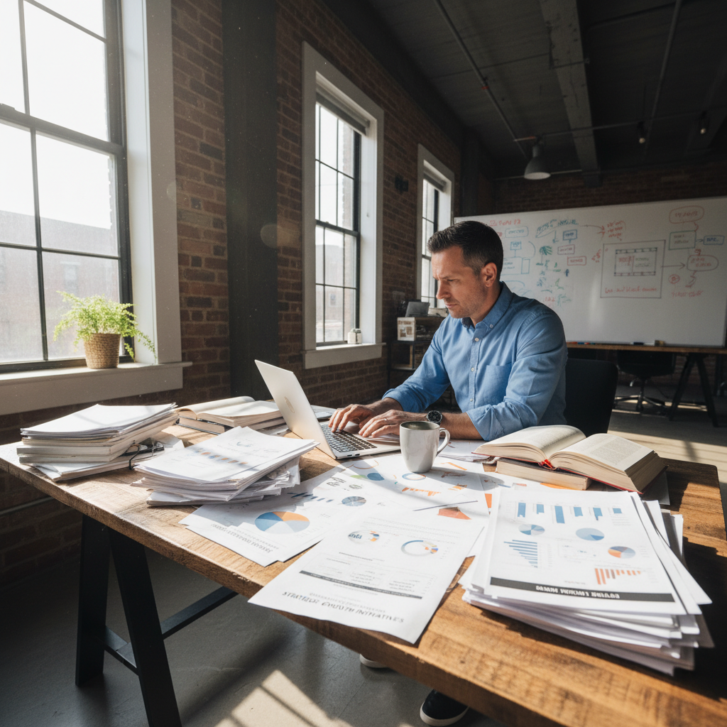 Professional consultant at desk with laptop and marketing materials, focused work environment