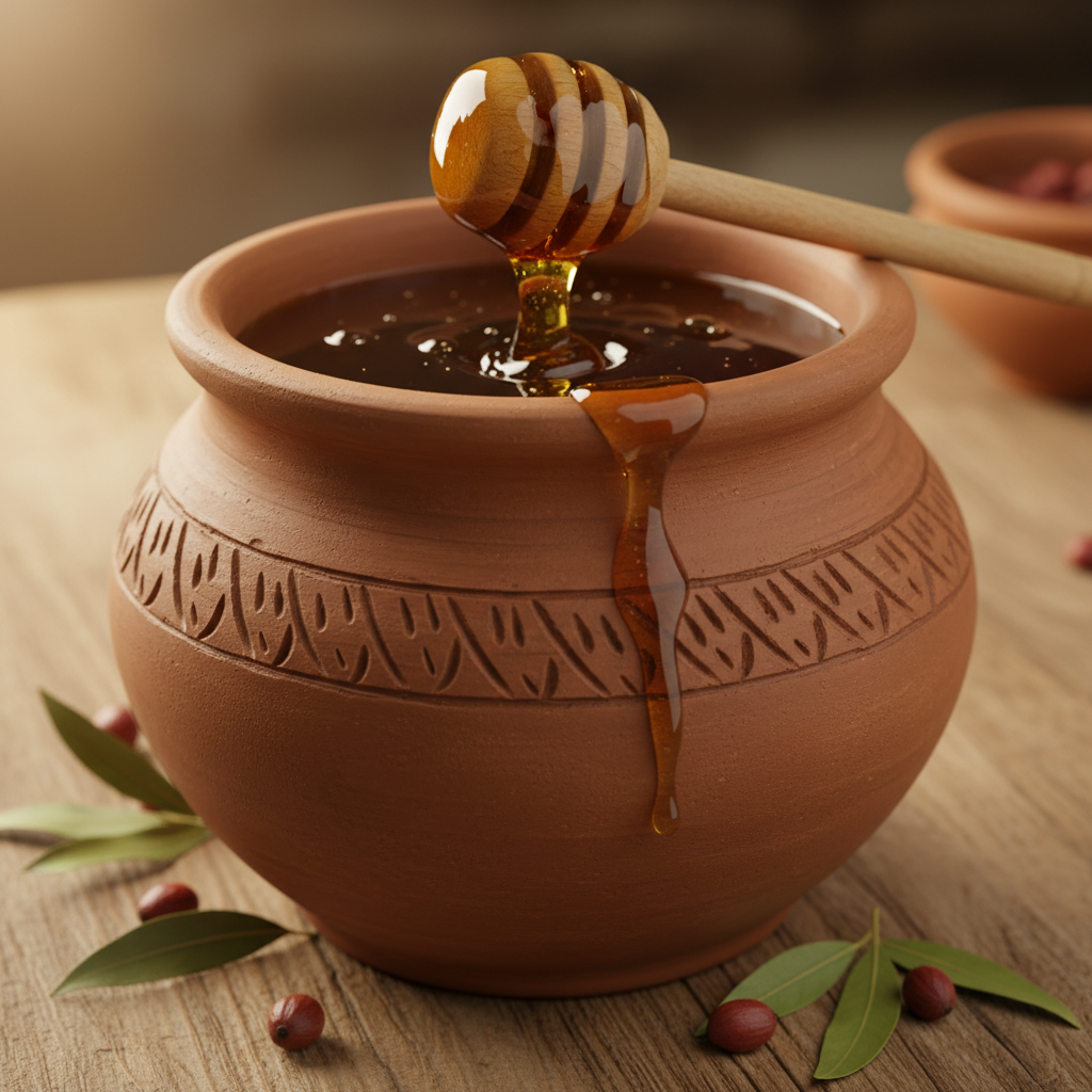 Amber glass jar of premium Sidr honey on dark stone, warm golden light
