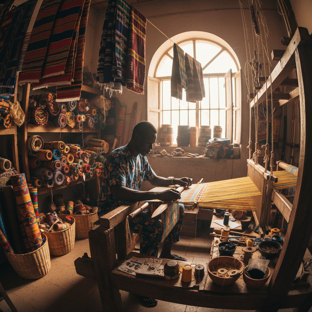 Amara Osei, Ghanaian textile artist surrounded by colorful woven fabrics