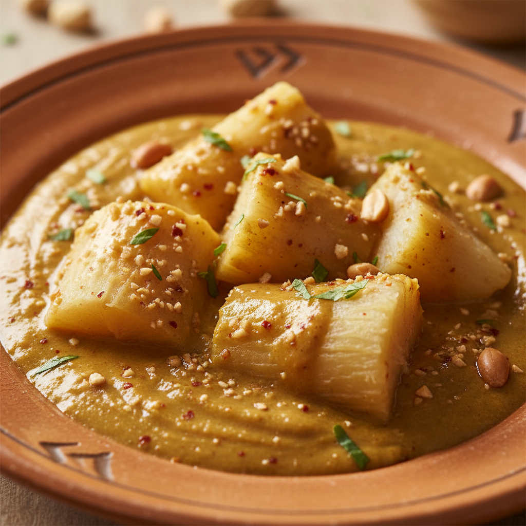 Close-up of golden groundnut sauce pooling around cassava on a handmade ceramic plate