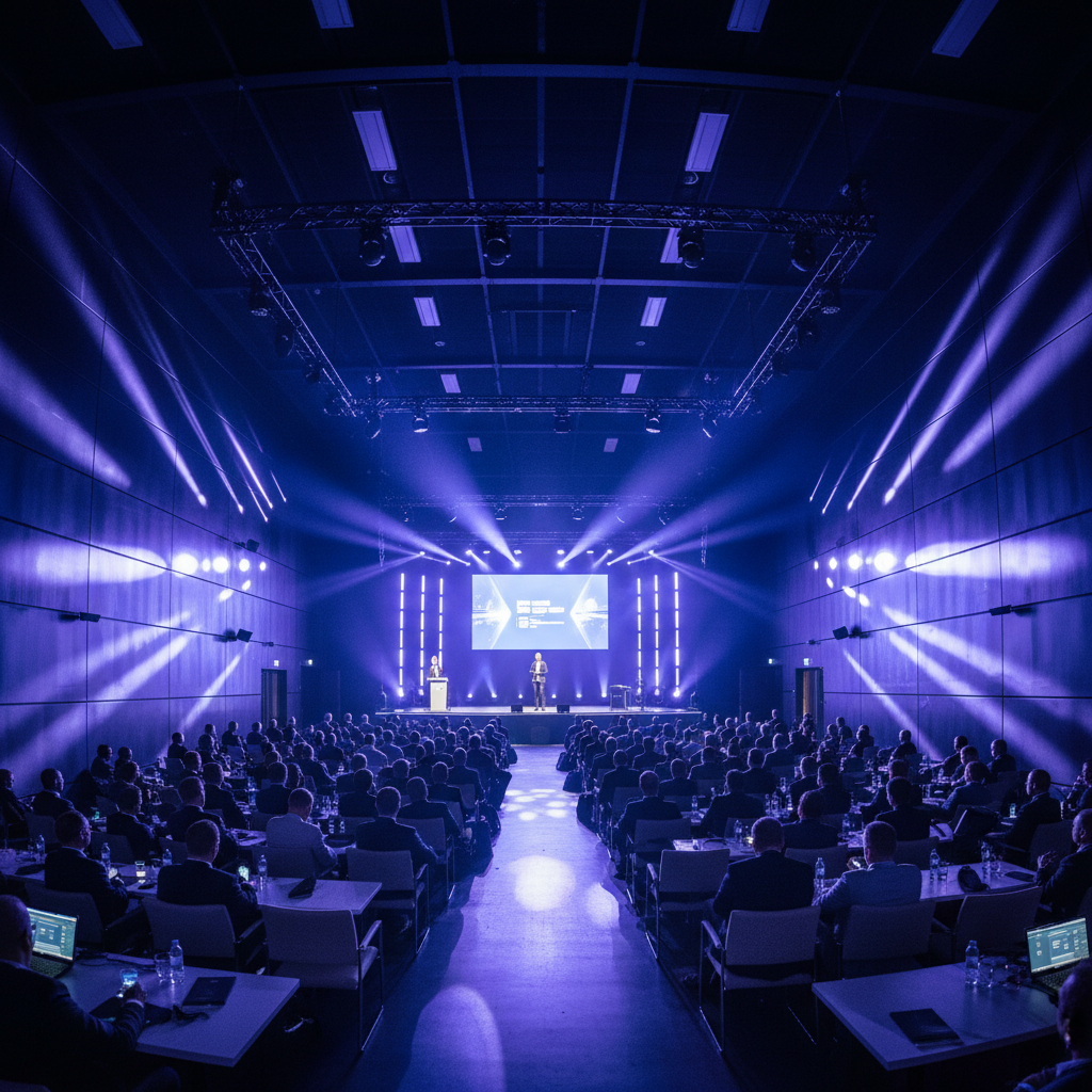 Live event stage with dramatic spotlights and atmospheric haze at a large corporate conference venue with dark ceiling