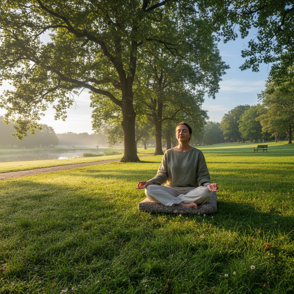 Person lying on grass breathing deeply with eyes closed in nature