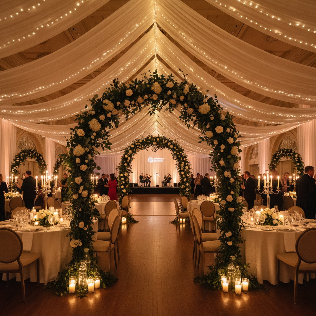 Elegant corporate gala ballroom with linen ceiling drape, floral arches, and candlelit tables for 500 guests