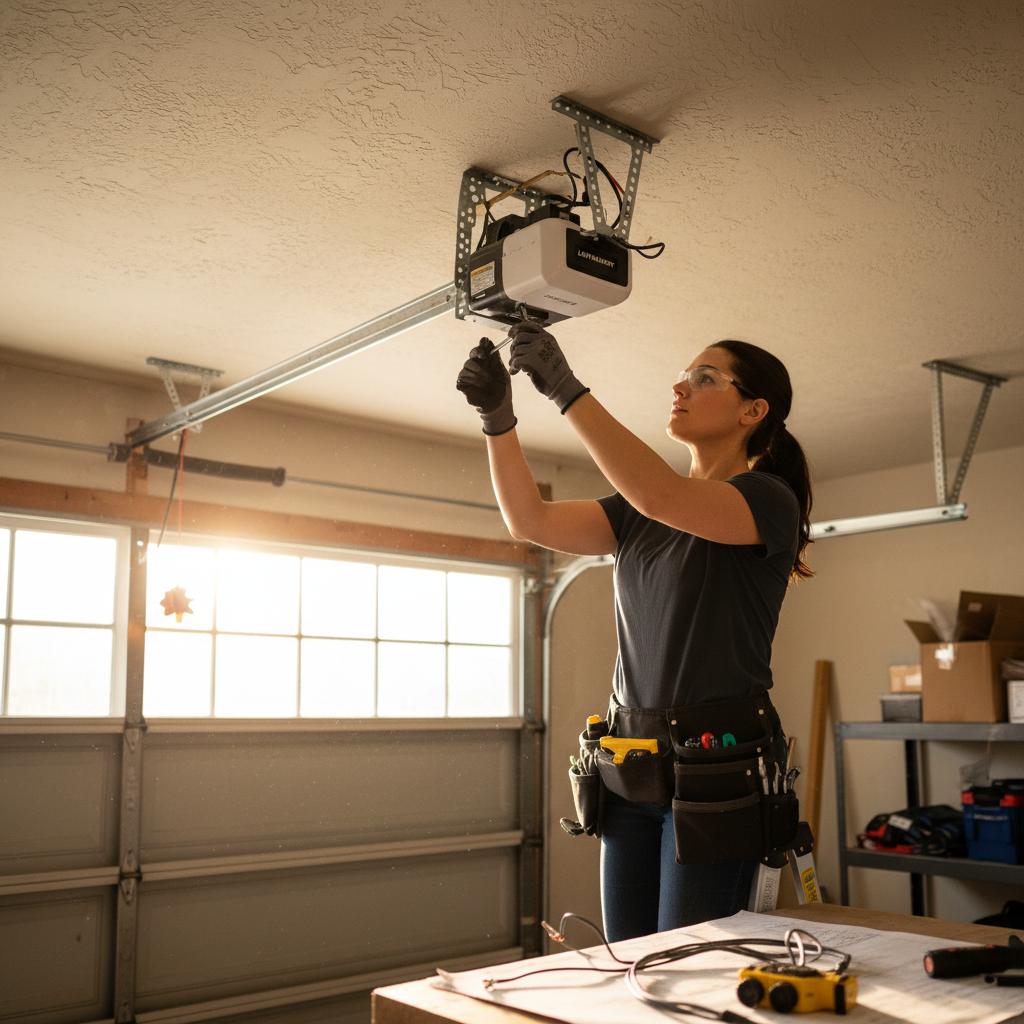 Priya Nair, Gate technician, working on a LiftMaster garage door opener mounted on the ceiling of a North York garage