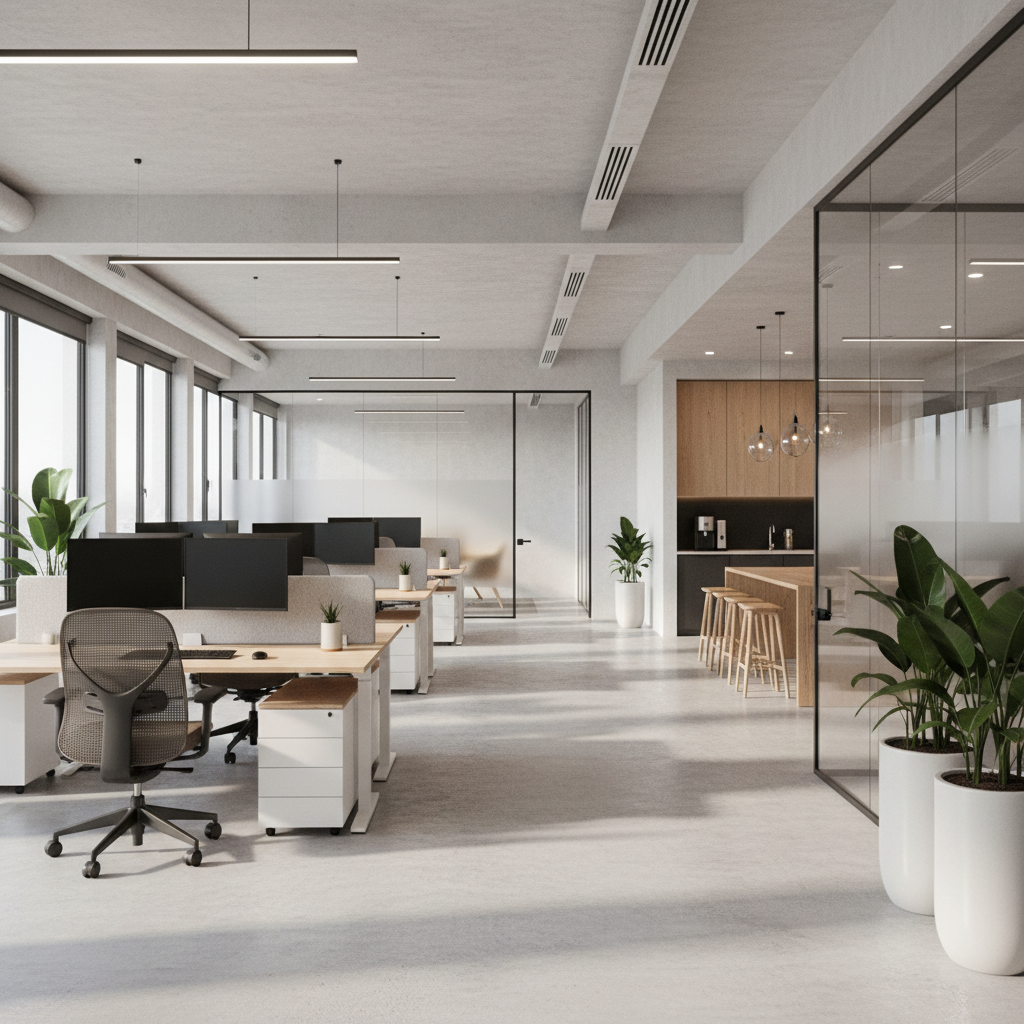 Modern open plan office with modular workstations, glass partitions, and clean professional aesthetic