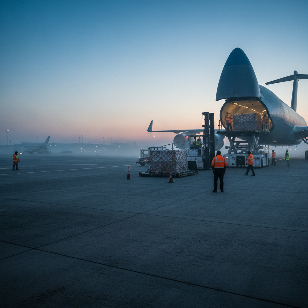 Cargo aircraft on tarmac at dawn, dramatic low-angle shot, deep blue sky, industrial airport lighting, dark atmospheric hangar backdrop