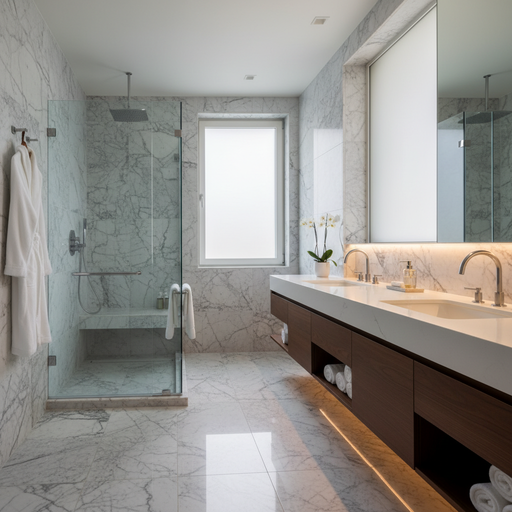 Stylish bathroom with marble tiles, modern fixtures, and luxury spa-like atmosphere