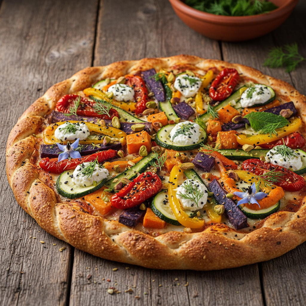 Pizza vegetariana colorata con verdure grigliate e pomodorini su base bianca