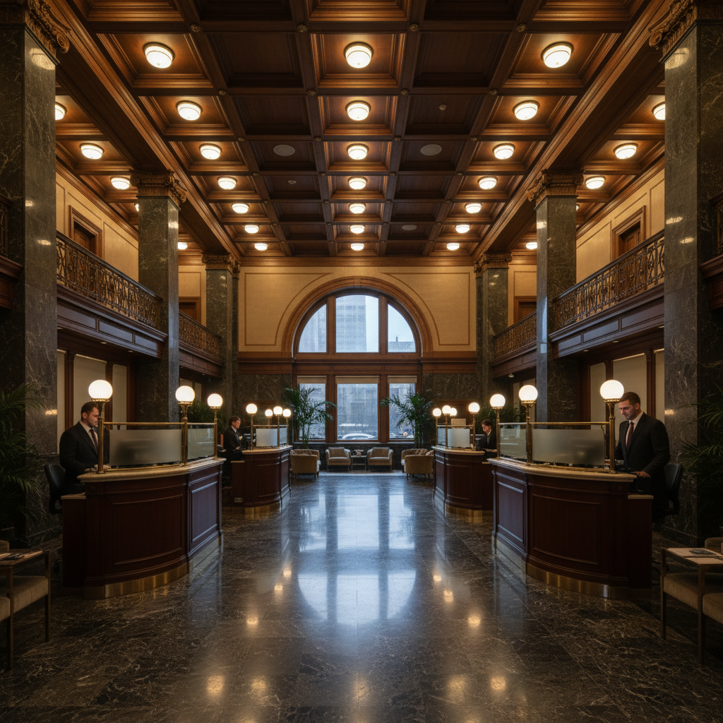 Modern banking hall with dark marble floors and dramatic overhead lighting, deep shadows, sophisticated financial environment