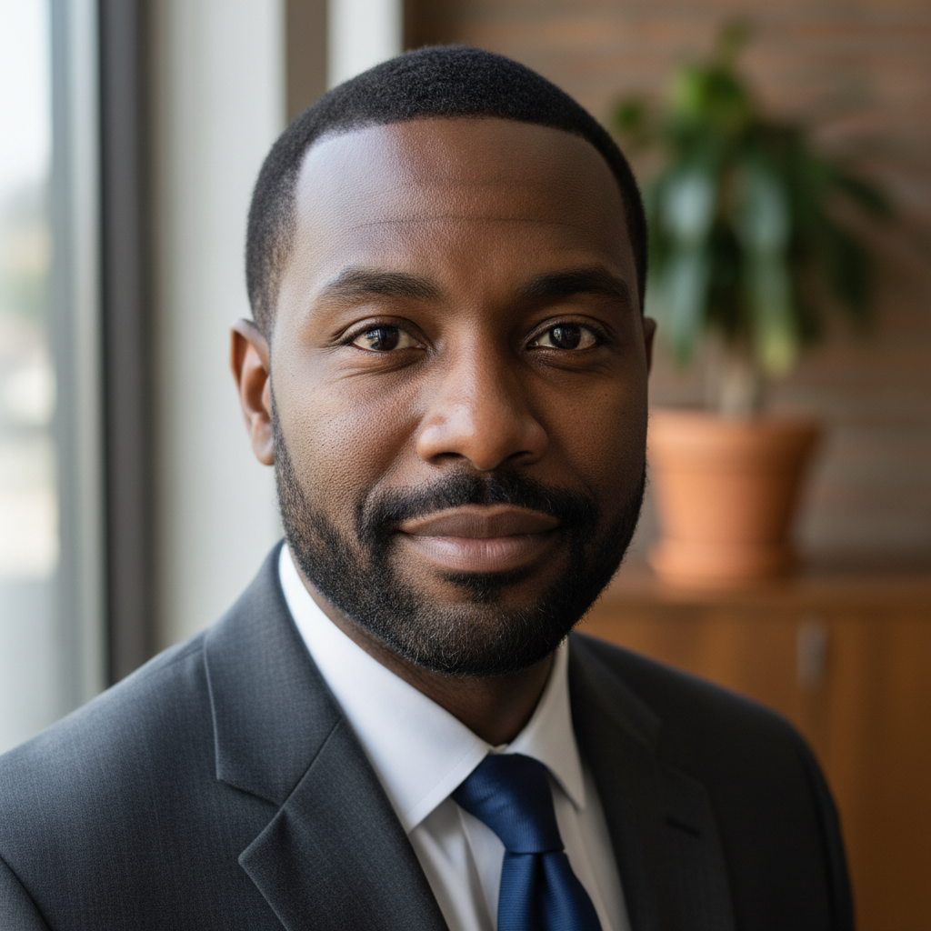 Well-dressed Black man in his 40s with short hair, confident expression, neutral background