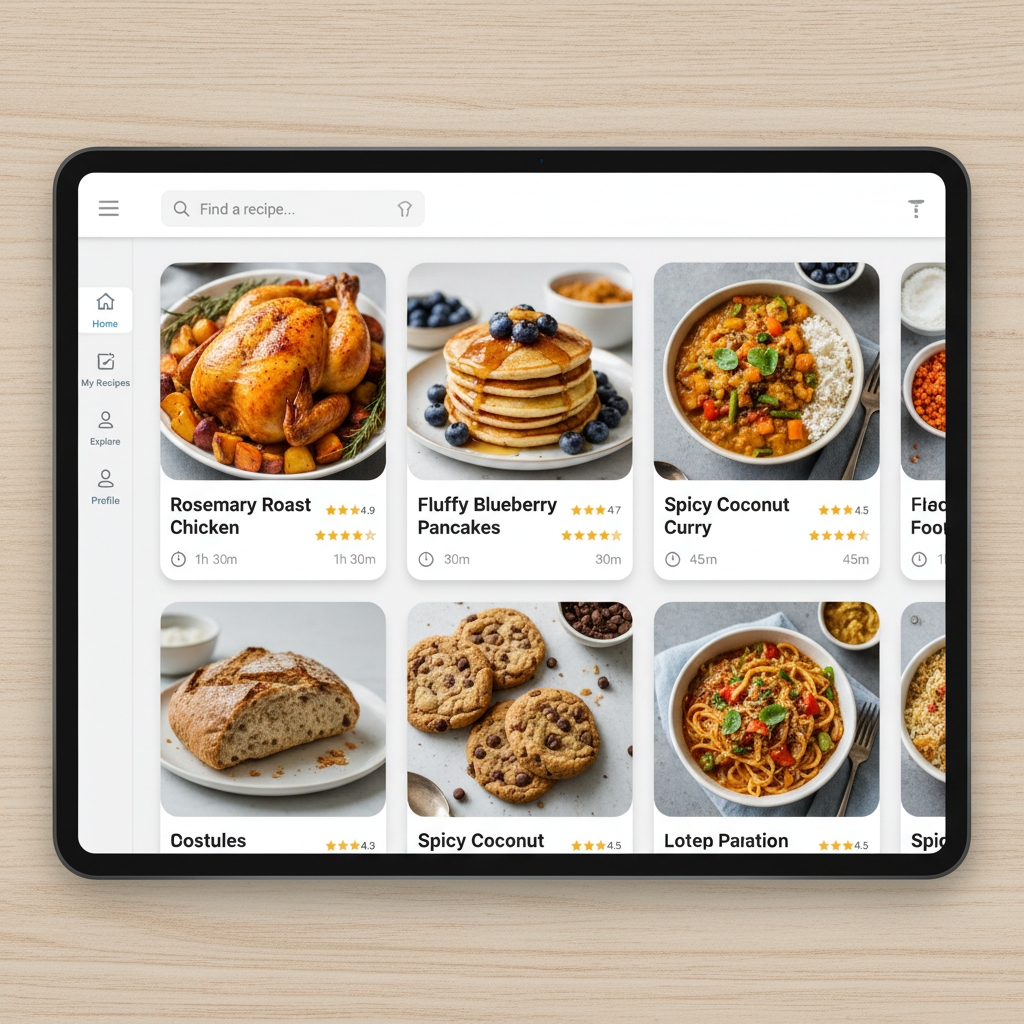 Recipe platform website showing grid of food photography cards with professional culinary content and dark modern design