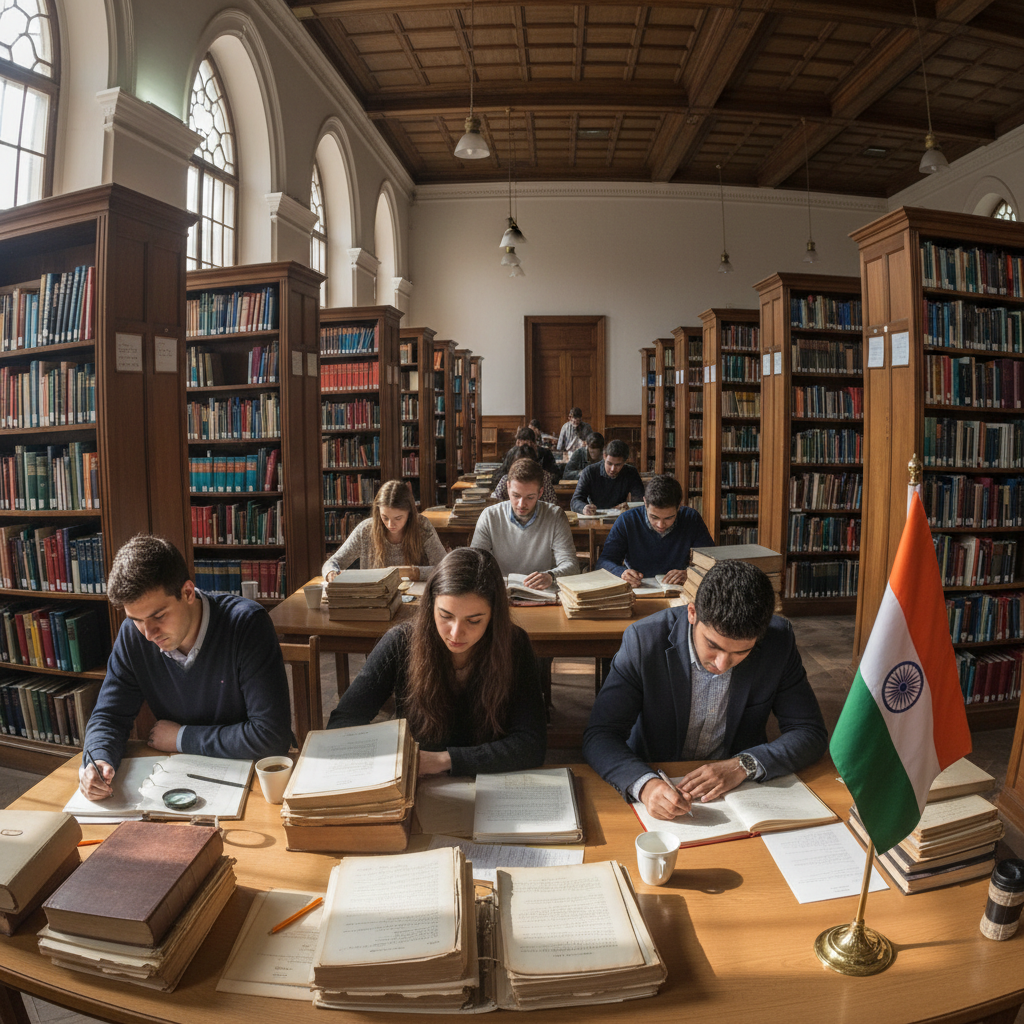 Disciplined student in formal attire studying at desk with Indian flag in background