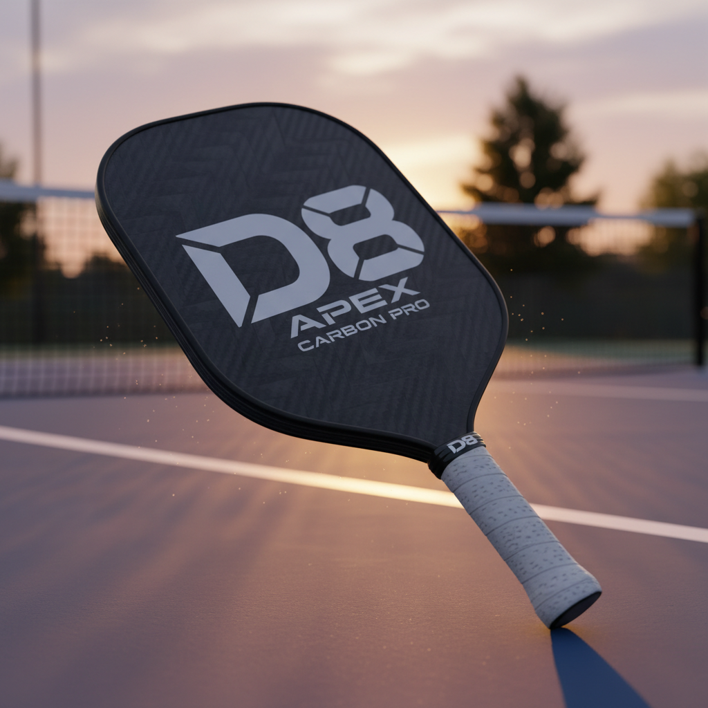 D8 Apex Carbon Pro paddle on court surface with golden hour lighting