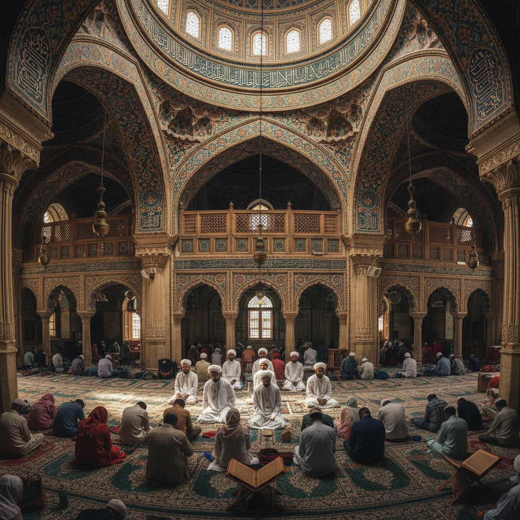 Peaceful interior of the Khanqah in Chapra showing traditional Islamic architecture with prayer space and spiritual gathering area for Sufi community
