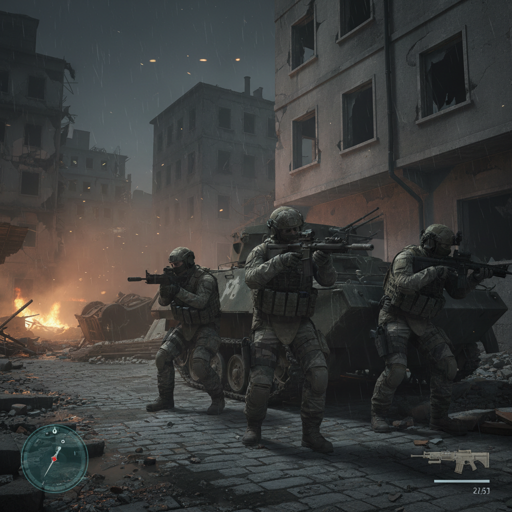 Military tactical shooter game with dark operator in night vision gear in urban warfare setting