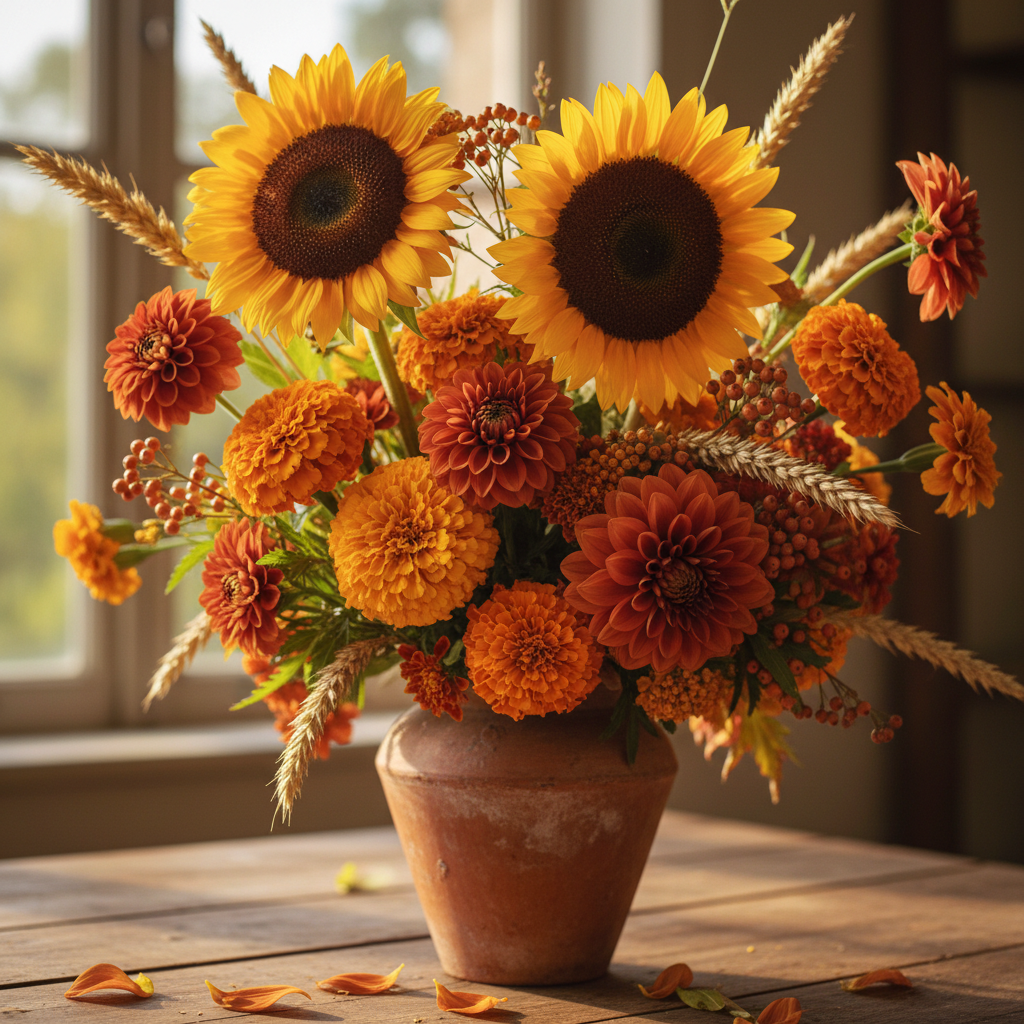 Rich autumn harvest bouquet with dahlias, sunflowers and warm seasonal blooms