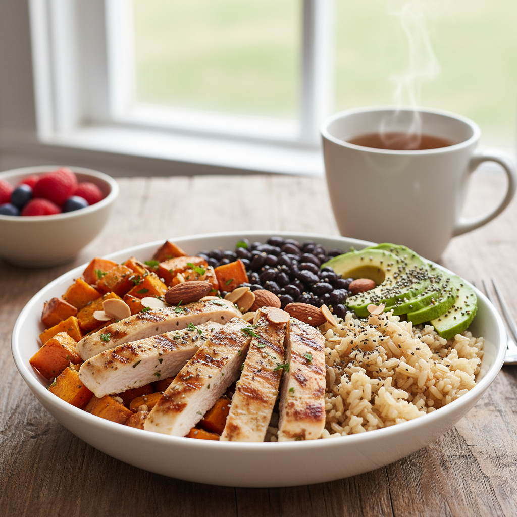 Fusion burrito bowl with rice, beans, grilled meat, and colorful toppings