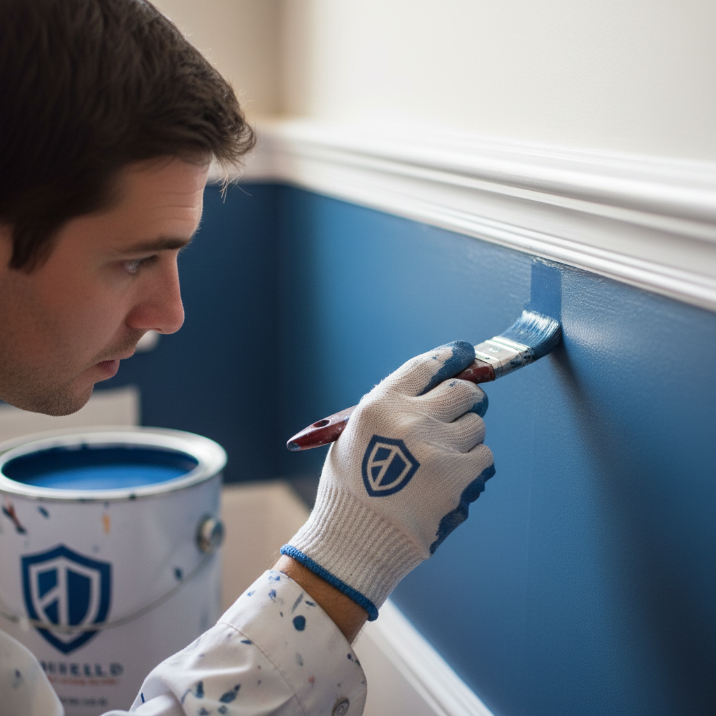 Shield crew member cutting in paint by hand around crown molding, precise brush work visible