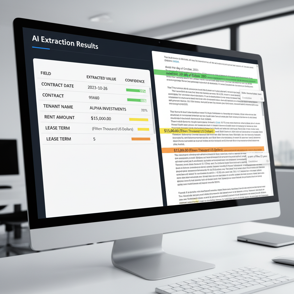 AI extraction results panel showing structured contract data with highlighted source text and confidence indicators