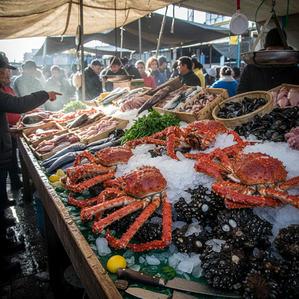 Puesto de mariscos frescos con centollas y picorocos en mercado chileno