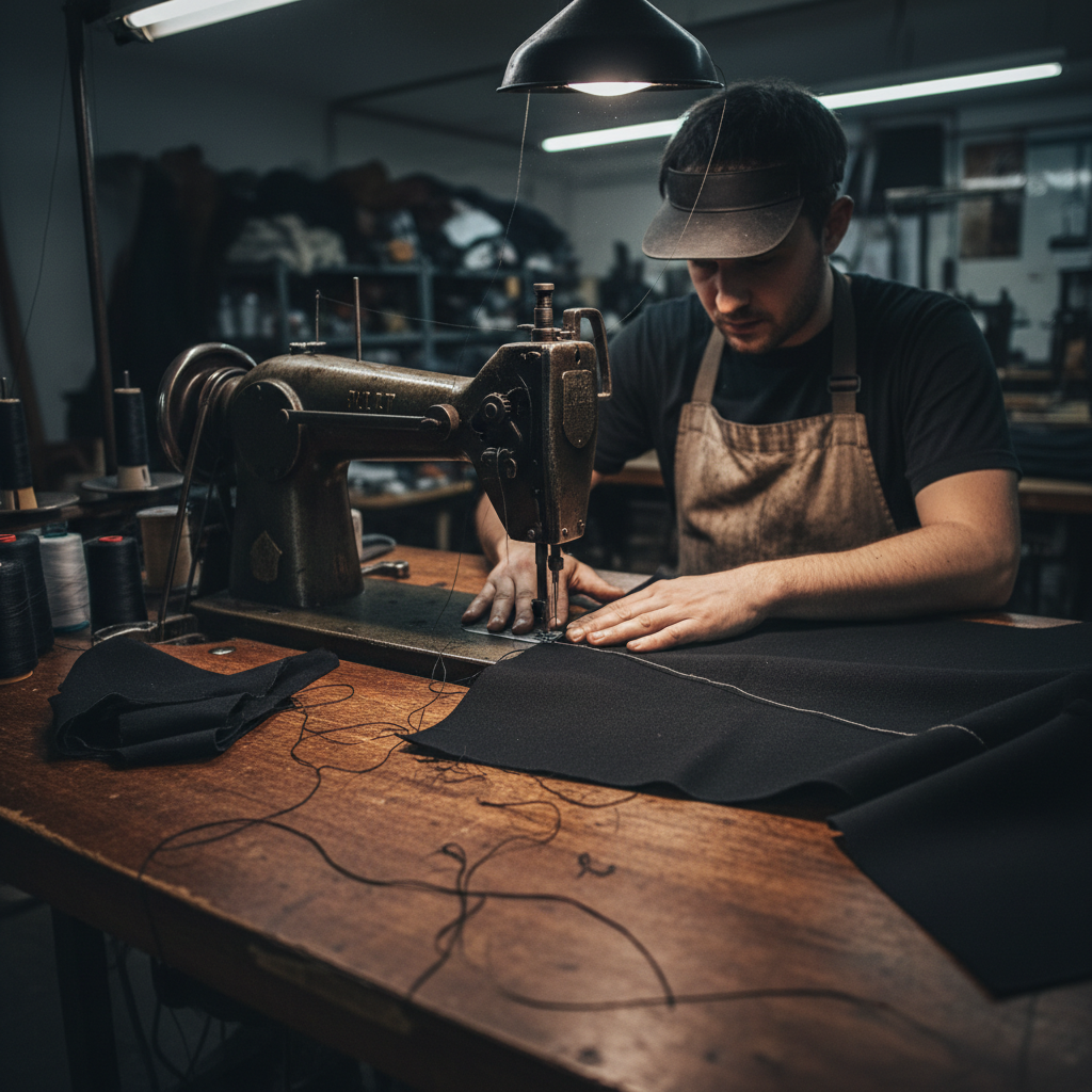 Industrial sewing machine stitching heavy canvas in warm workshop light