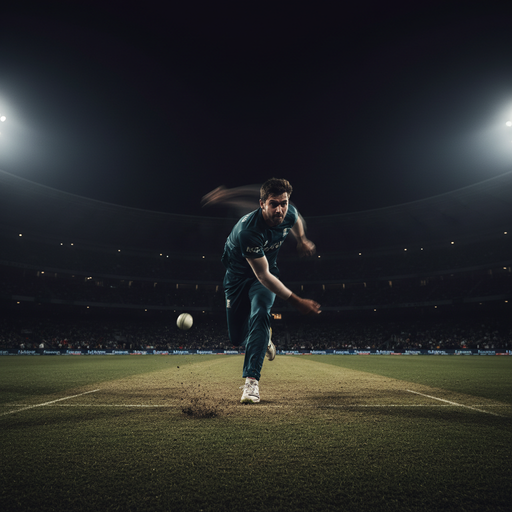 Fast bowler mid-delivery stride on cricket pitch, dramatic low-angle shot, dim stadium lighting, dark turf and shadows