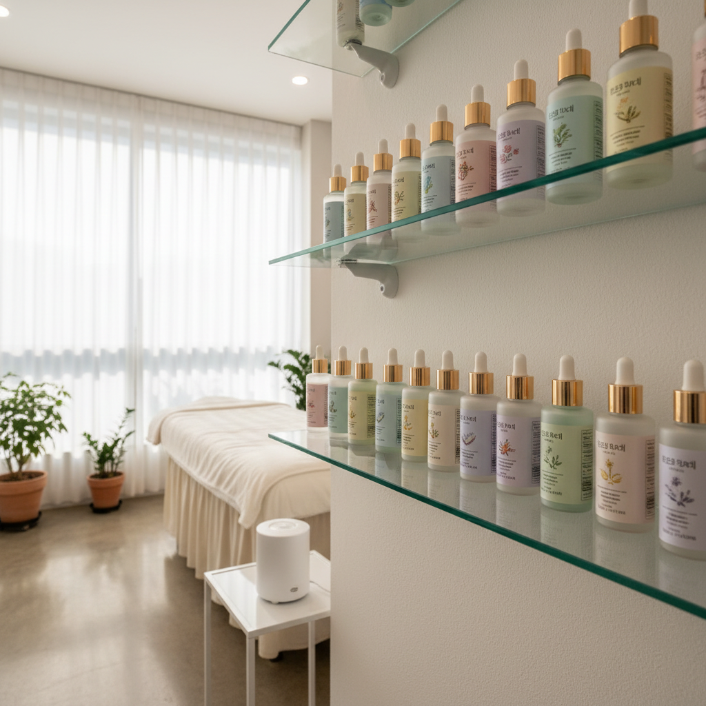 Esthetics treatment room with Korean serum collection displayed on glass shelf