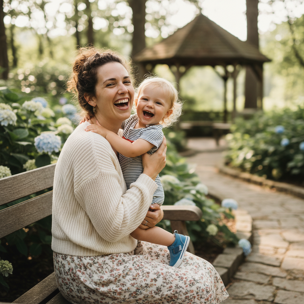 A nanny laughing warmly with a young child on her hip, captured in natural light with shallow depth of field