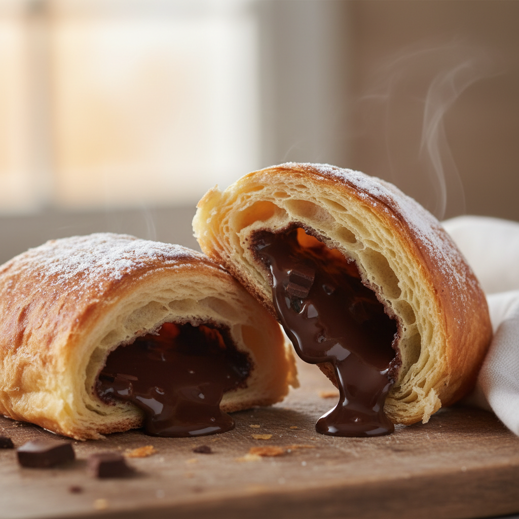 Pain au chocolat pastry split open showing dark chocolate inside, flaky pastry layers, warm bakery setting